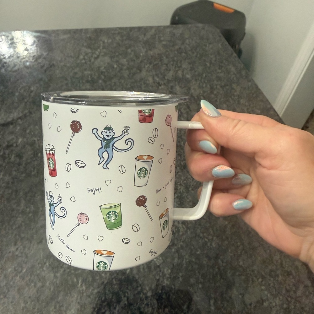 Starbucks Roller Rabbit collab White Mug with Playful Monkey and Drink Design